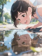 澄んだ水鏡と笑顔の少女。