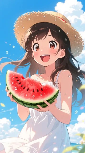 smiling brightly while… - スイカと夏の女性