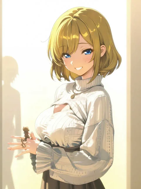 A charming young woman… - 袖余りの指先