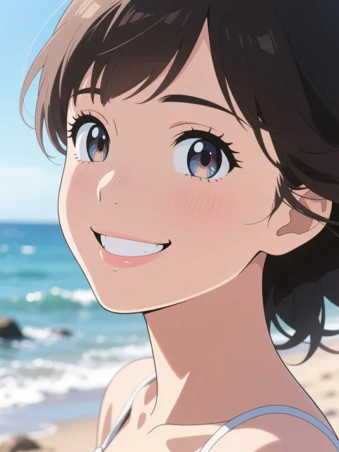 海辺で微笑む女性の顔のアップ、大きな澄んだ瞳、初夏の散歩