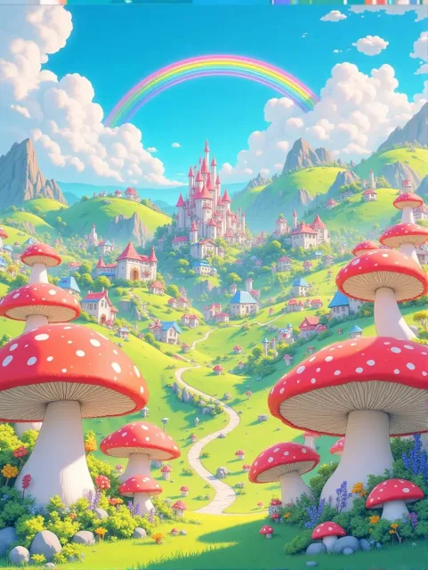 A vibrant digital illustration… - キノコの森