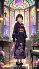 袴姿の女性とステンドガラスの光