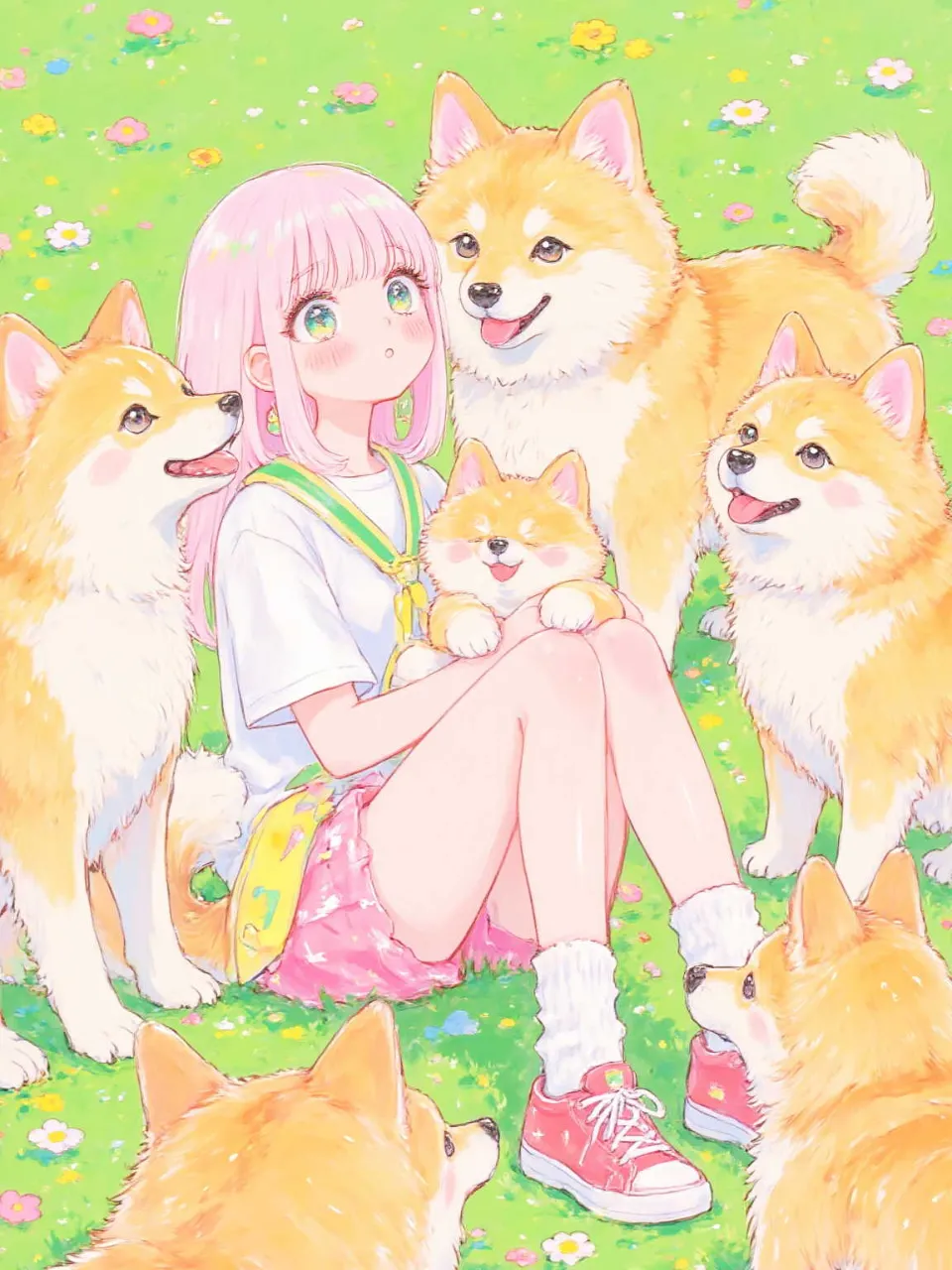 柴犬に囲まれる幸せ🍀 — ASAさんのAIイラスト
