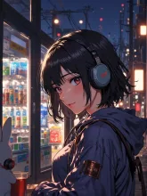 ヘッドホンつけて夜のお散歩な紅夜さんと子うさぎ