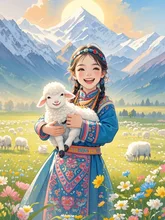 ゴールデンサンライトの中の民族少女と白い子羊