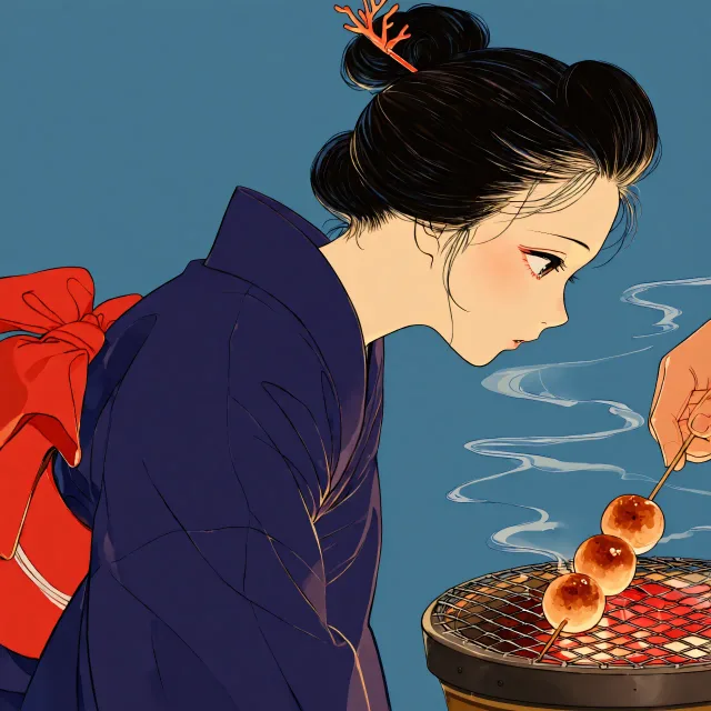 炭火に見入る