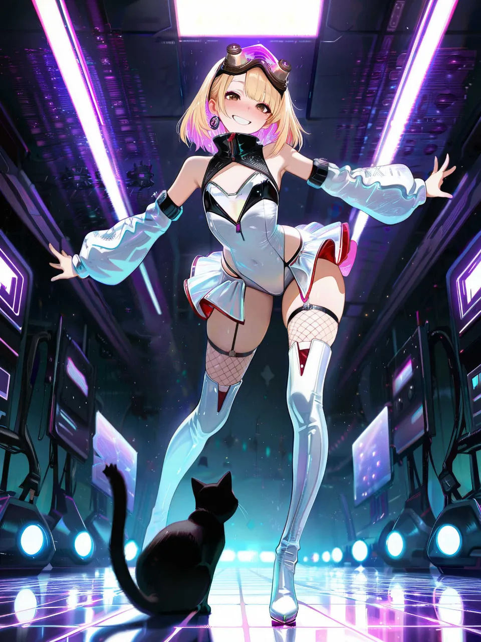 サイバーなeスポーツ会場にやってきた…パンク娘と黒ニャンコ…金 — たくりんさんのAIイラスト