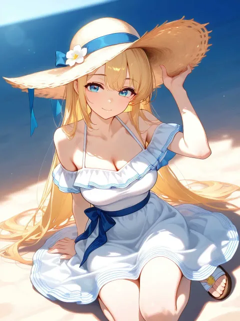 麦わら帽子の成年女性、夏の海辺で、ロング、潤んだ瞳 - 麦わらと潮風
