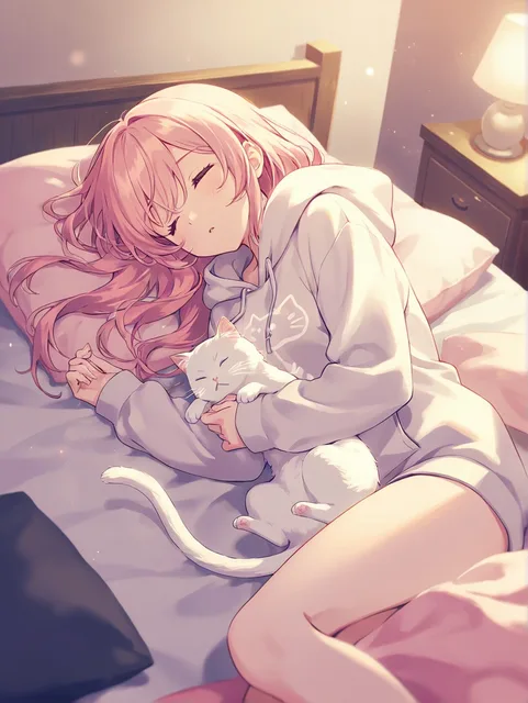 白猫と寝ている女の子