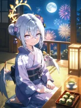 満月と花火を眺めて
