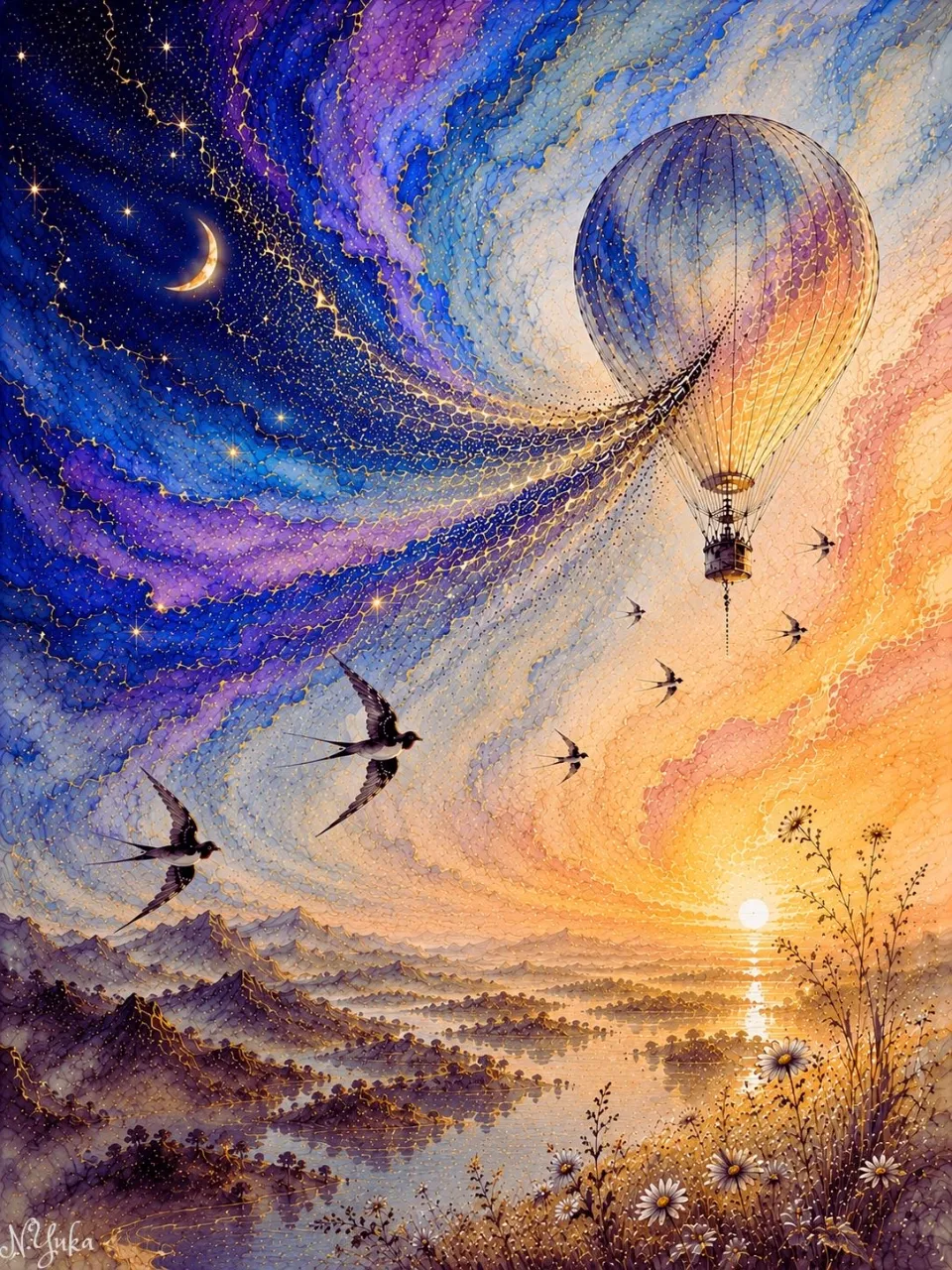 夜明けをほどく旅-Journey Unfolding the Dawn — n.yukaさんのAIイラスト