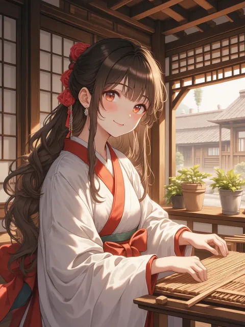 白と紅の着物を着た鶴の娘の美しい成年女性、目線の高さから