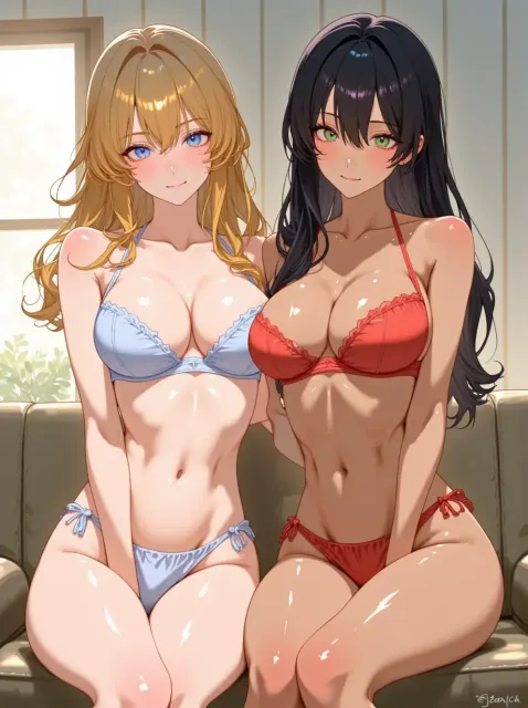 白い肌と日焼けした肌の色っぽい成年女性がふたり並ぶ