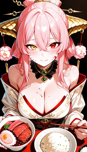 鯛めしを擬人化した美しいアニメ少女、淡い桜色のロングヘア、赤と金色の瞳、鯛の鱗を思わせる微細な光沢、赤白金を基調にした和…