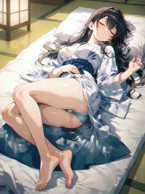 浴衣をはだけた色っぽい美女、健康的な色気 - 湯上がりの浴衣美人