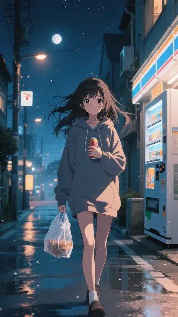 cinematic anime illustration - コンビニ帰りの夜