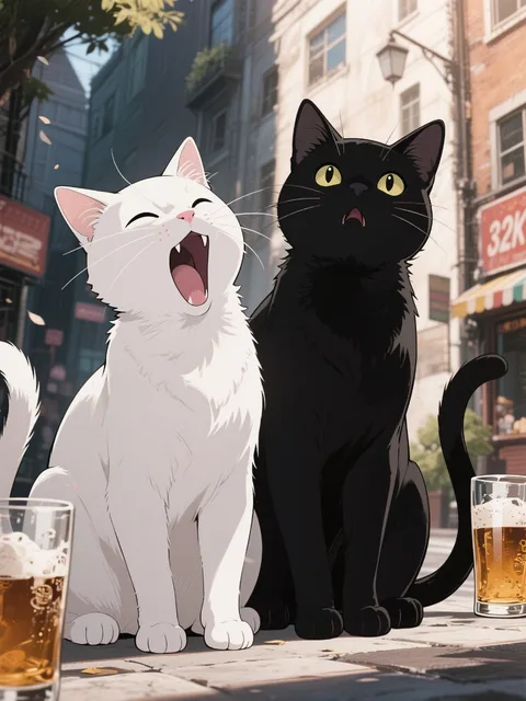 叫ぶ泥酔タウン 白猫と黒猫 - 画像生成チャレンジ