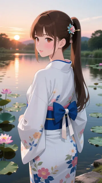 She stands gracefully on the… - 蓮と和装美人