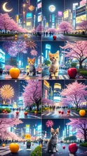 16コマの絵、子猫、渋谷スクランブル交差点、花火、桜満開、満月、赤い林檎、緑色の林檎、黄色の林檎、ネオンライト