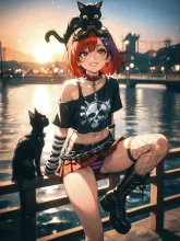 夕焼け空の中のパンク娘と黒ニャンコ…赤