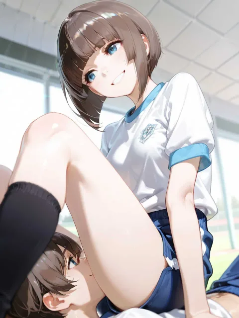 体操服、黒い靴下、短パン、青い瞳、ショートボブ、前髪ぱっつん