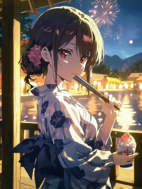 夕涼みに浴衣姿でかき氷を食べている髪の毛を結んで扇子を持って…
