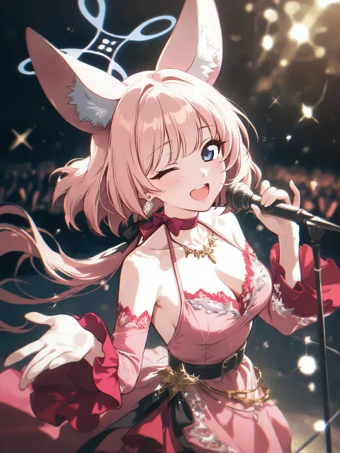 ピンク色のドレスを着た歌手姿のニコ