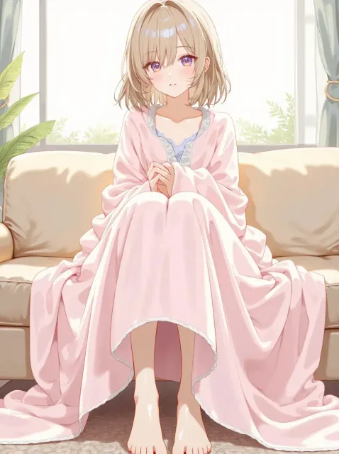 大きなひざ掛けを膝にかけた若い女性、ソファの上 - ひざ掛けの下