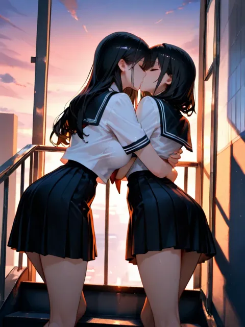 夕暮れの外階段、手すりに寄り掛かる、セーラー服、長い脚
