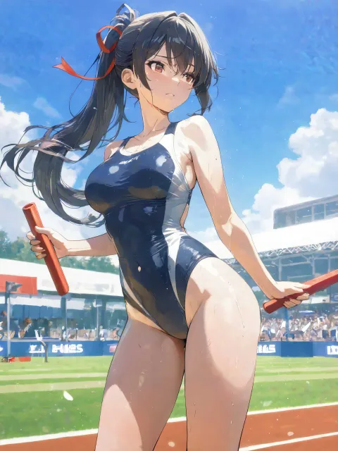 スクール水着の美少女、体育祭、紅白幕のかかる校舎