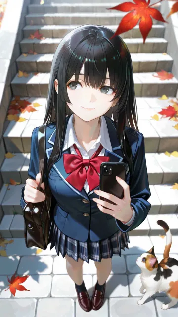 一面の紅葉、石階段、黒色の長い髪、ストレートヘア