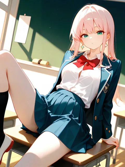 舌を出して煽ってくる女の子、学生服、片足を椅子に乗せてる