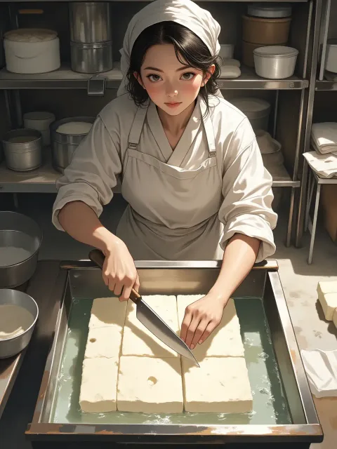 白い前掛けをつけて袖をまくった日本人の成年女性の豆腐屋