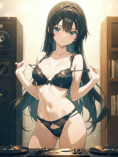 レコードプレーヤーにレコードを置く美少女、目線の高さから