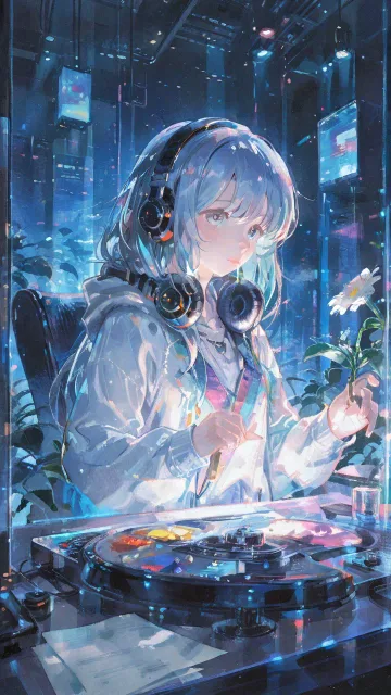 大型ゲームセンターで音楽ゲームをプレイする女性、画面からカラフルな光が広がる、ヘッドホン、動きのあるポーズ、未来的な照明…