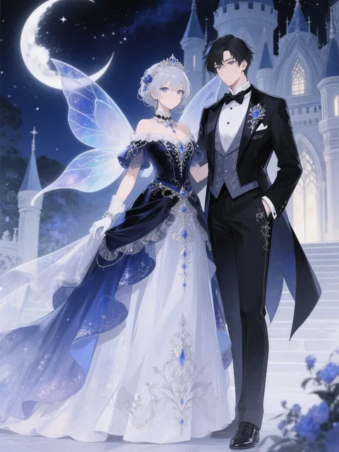 西洋のお城 ドレスとタキシードの影 大きな月 夜空 妖精の粉