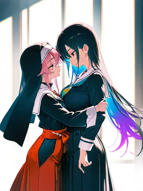 向かい合って立つ、朱の袴と黒い裾、上半身 - 巫女 vs シスター