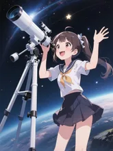 望遠鏡を覗き込み、新しく見つけた星に歓喜の声を — たまちゃんさんのAIイラスト