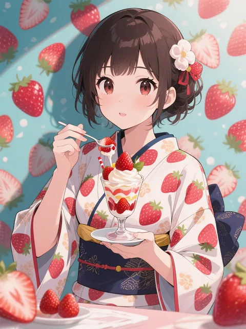 イチゴ柄の着物を着た美少女がイチゴパフェを食べている