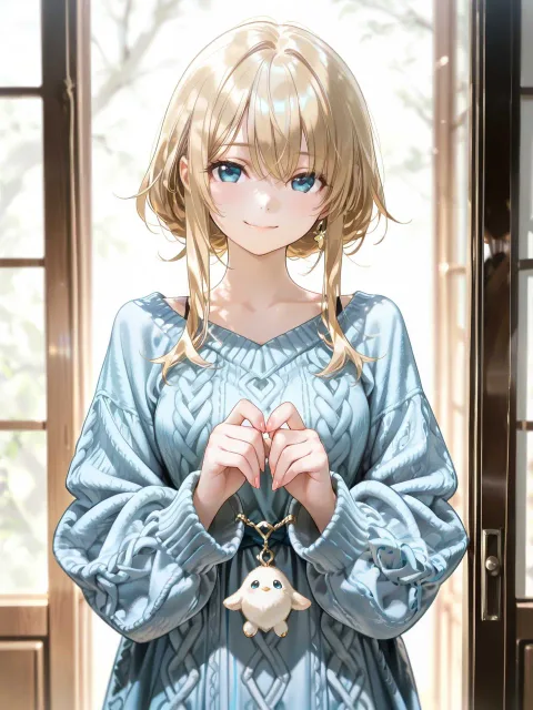 A charming young woman… - 袖余りの指先