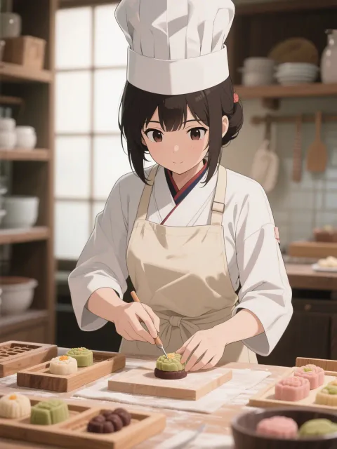 練切を仕上げる和菓子職人の美少女、和菓子のキッチン