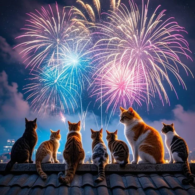猫達が大きな打ち上げ花火を見てる リアル描写