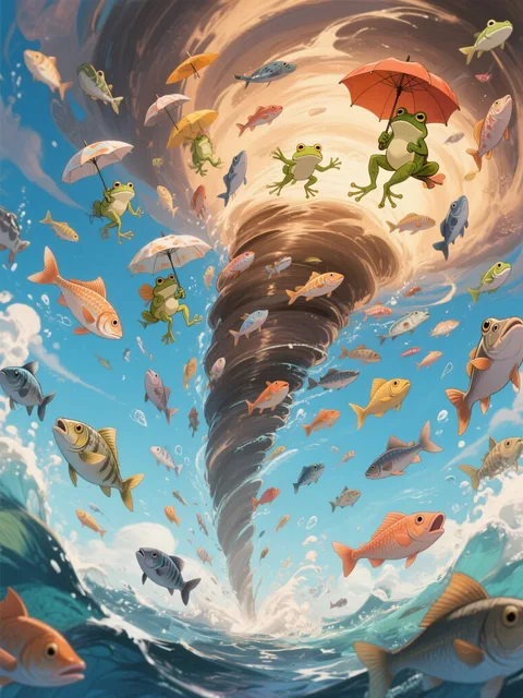 竜巻から大量の魚が飛び出てきている、いろんな種類の魚
