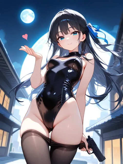 黒いレオタード、黒タイツ、腰にリボン、黒髪ロング - 黒づくめ