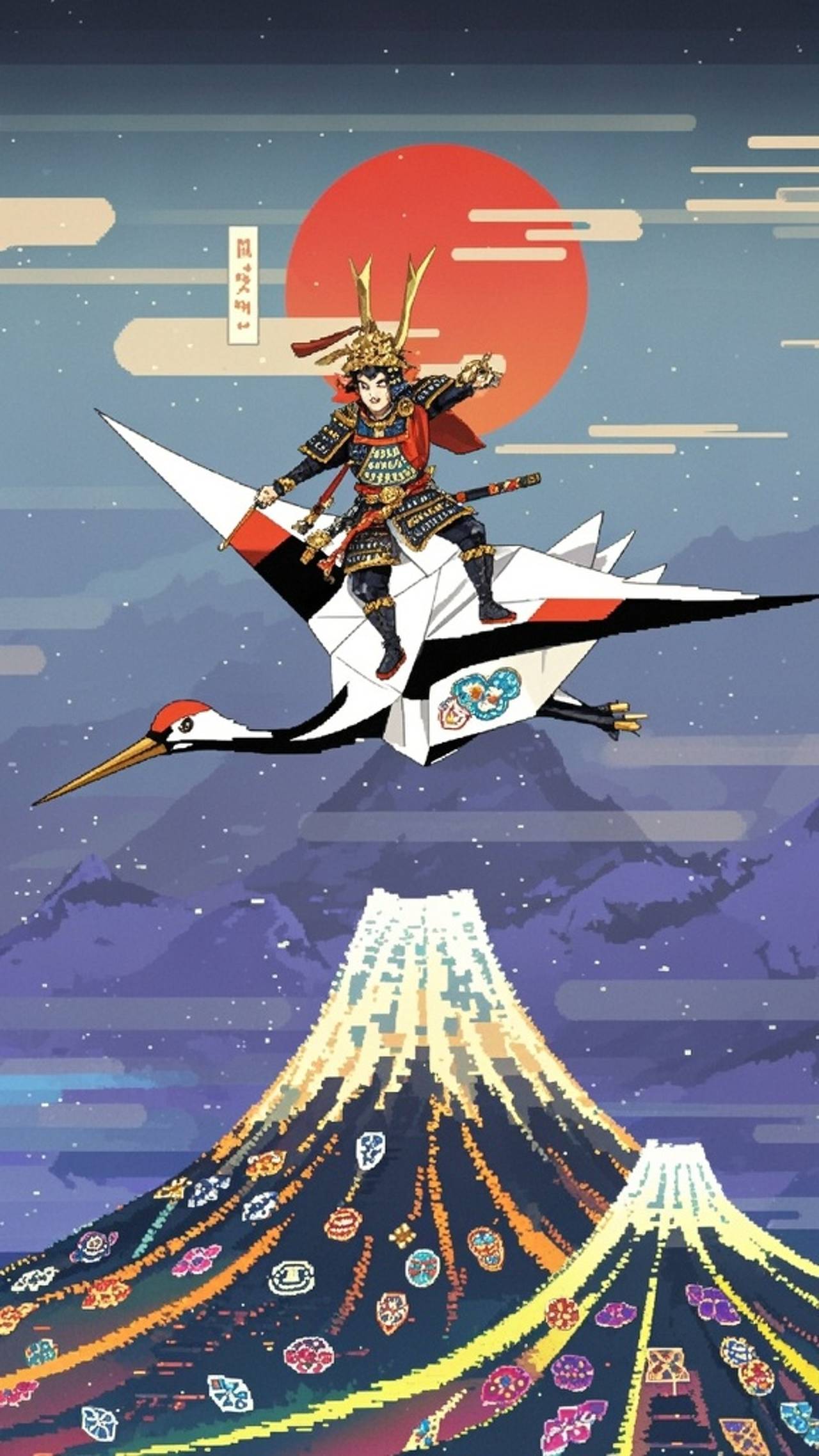 Miniature Origami Samurai Soars on Crane Over Digital Mount Fuji Adorned with Amulet-like Lights