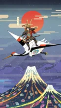 Miniature Origami Samurai Soars on Crane Over Digital Mount Fuji Adorned with Amulet-like Lights