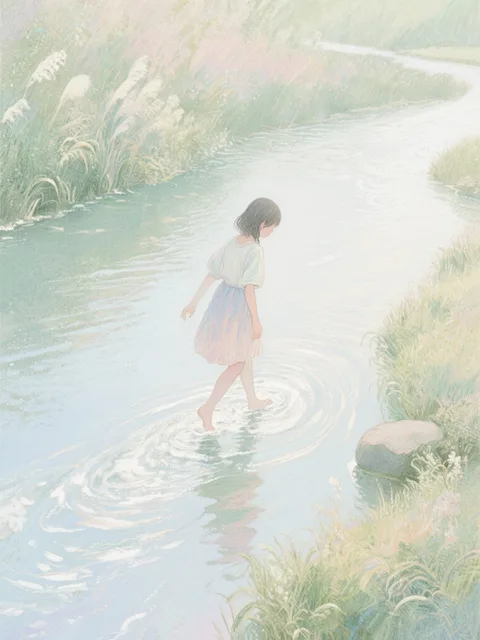 静かに流れる三途の川を渡る女の子 - 画像生成チャレンジ