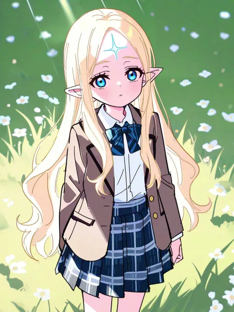 1 人の少女、ロングヘア、尖った耳、青い瞳、額の紋、顔の紋