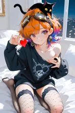 オーバーサイズのトレーナーで…パンク娘と黒ニャンコ…橙 — たくりんさんのAIイラスト