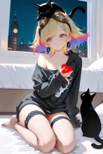 オーバーサイズのトレーナーで…パンク娘と黒ニャンコ…黄 — たくりんさんのAIイラスト